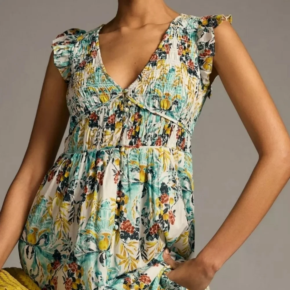 Anthropologie Yellow and Blue Floral Fall Midi Dress - Picture 2 of 4